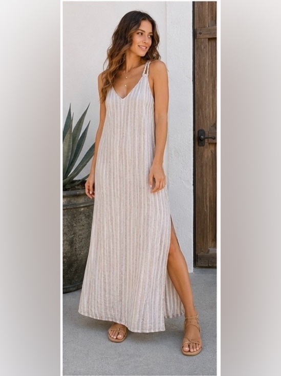 Rachel Ashwell Dresses & Skirts - Rachel Ashwell Linen Blend Braided Strap Maxi Dress Beige Stripe Boho Beach M